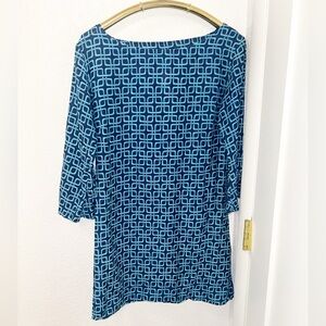 HELEN JON The Geometric Silk Blend Tunic Swim Coverup in Navy & Robin’s Egg SZ:S
